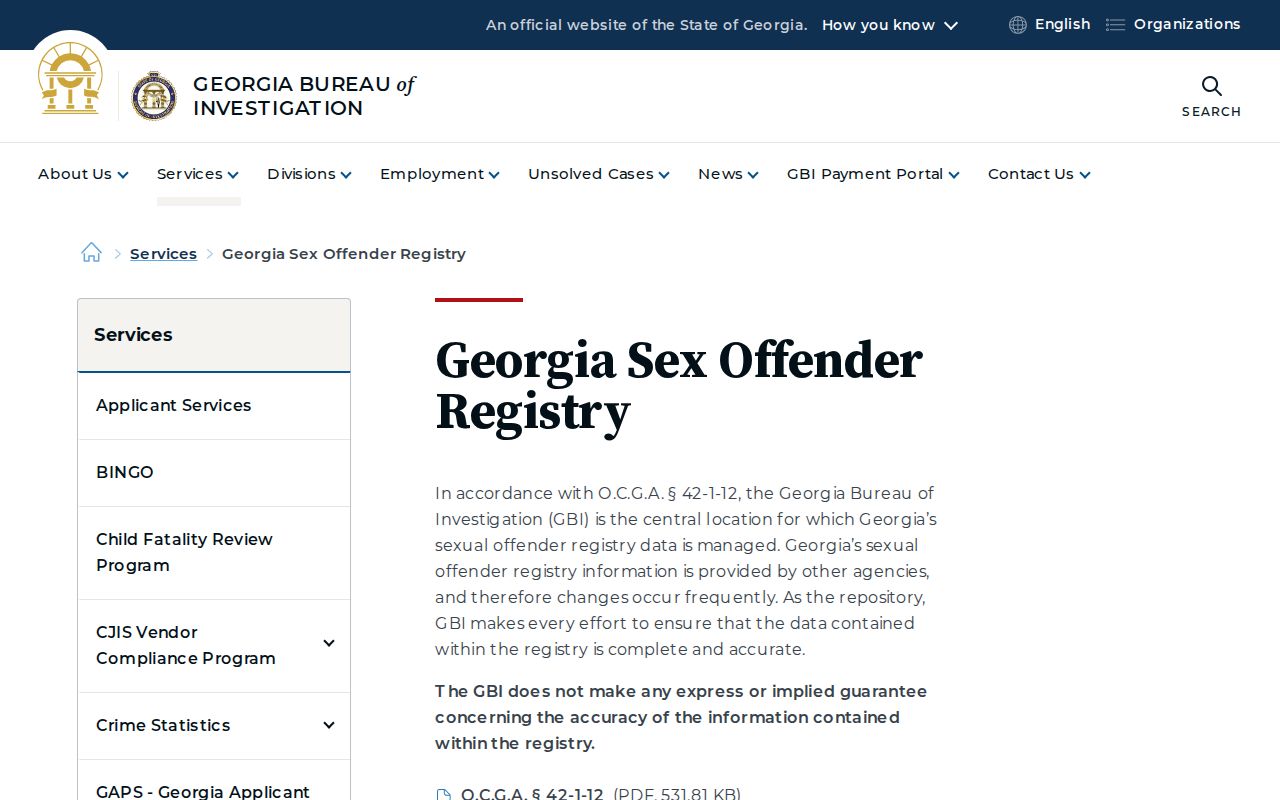 Georgia Bureau of Investigation sex offender registry landing page