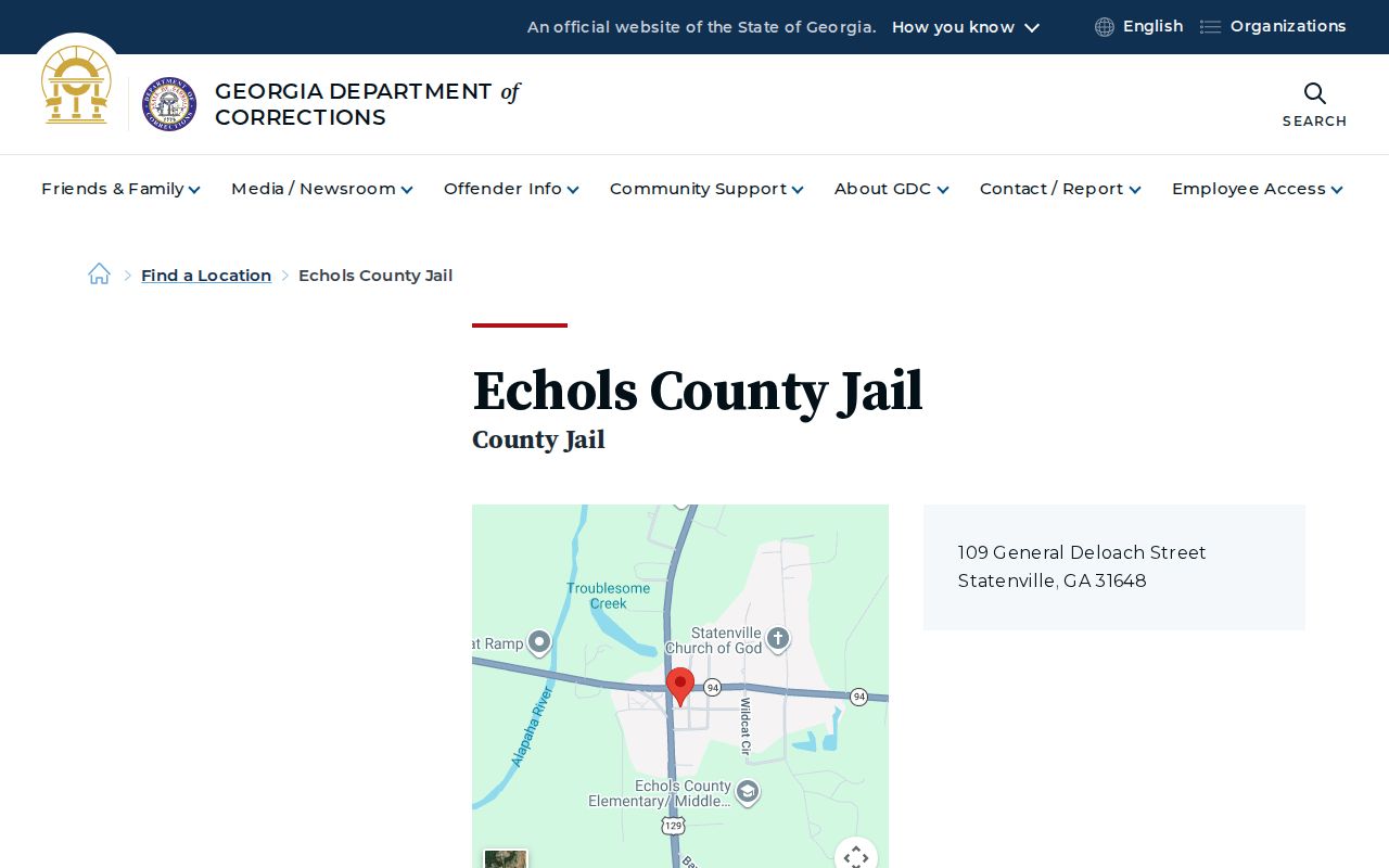 Georgia Department of Corrections directory entry for Echols County Jail